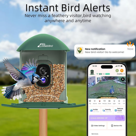 Smart Bird Feeder with 4MP HD Camera, Birdwatching Camera with Free AI Identify Birds & Solar Panel for Outdoors, Auto Video Capture & Instant Notifications, Green