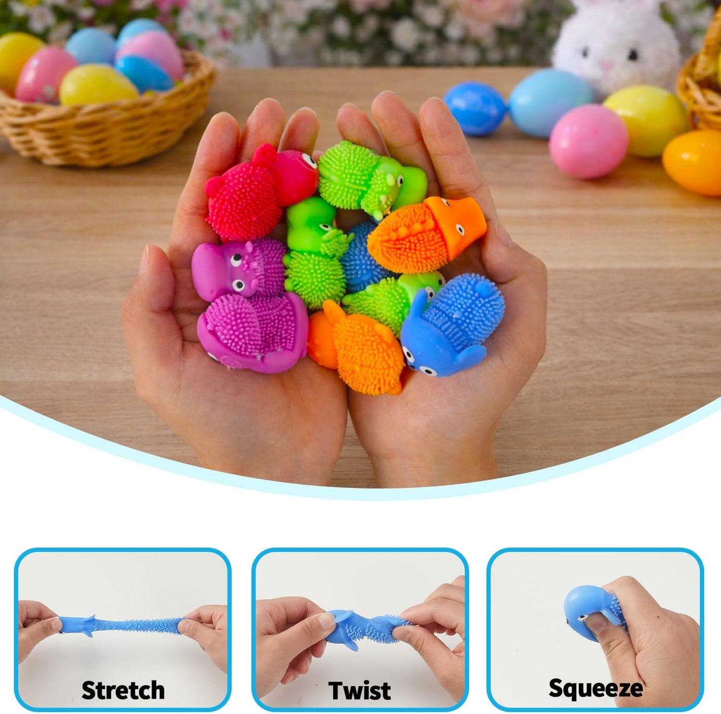 24Pack Easter Prefilled Eggs with Squishy Toys Inside Bright Plastic Easter Eggs Filled Cute Stress Reliever Squishy Toy for Easter Basket Stuffers Animal Easter Egg Filler Classroom Prize Supplies