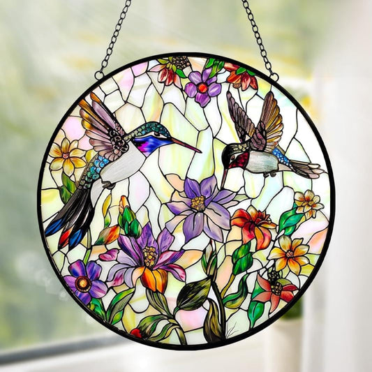 Hummingbird Stained Glass Suncatcher Window Hanging - Handmade Birds Flowers Sun Catchers Ornament - Suncatchers for Doors Home Garden Decor - Mother's Day Birthday Bird Lover Gift for Mom Grandma