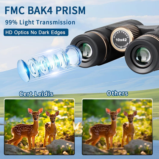 10x42 HD Binoculars for Adults High Powered with Phone Adapter and Tripod, Super Bright BAK4 Prism Waterproof Compact Binoculars for Bird Watching Hunting Stargazing Hiking Cruise Travel