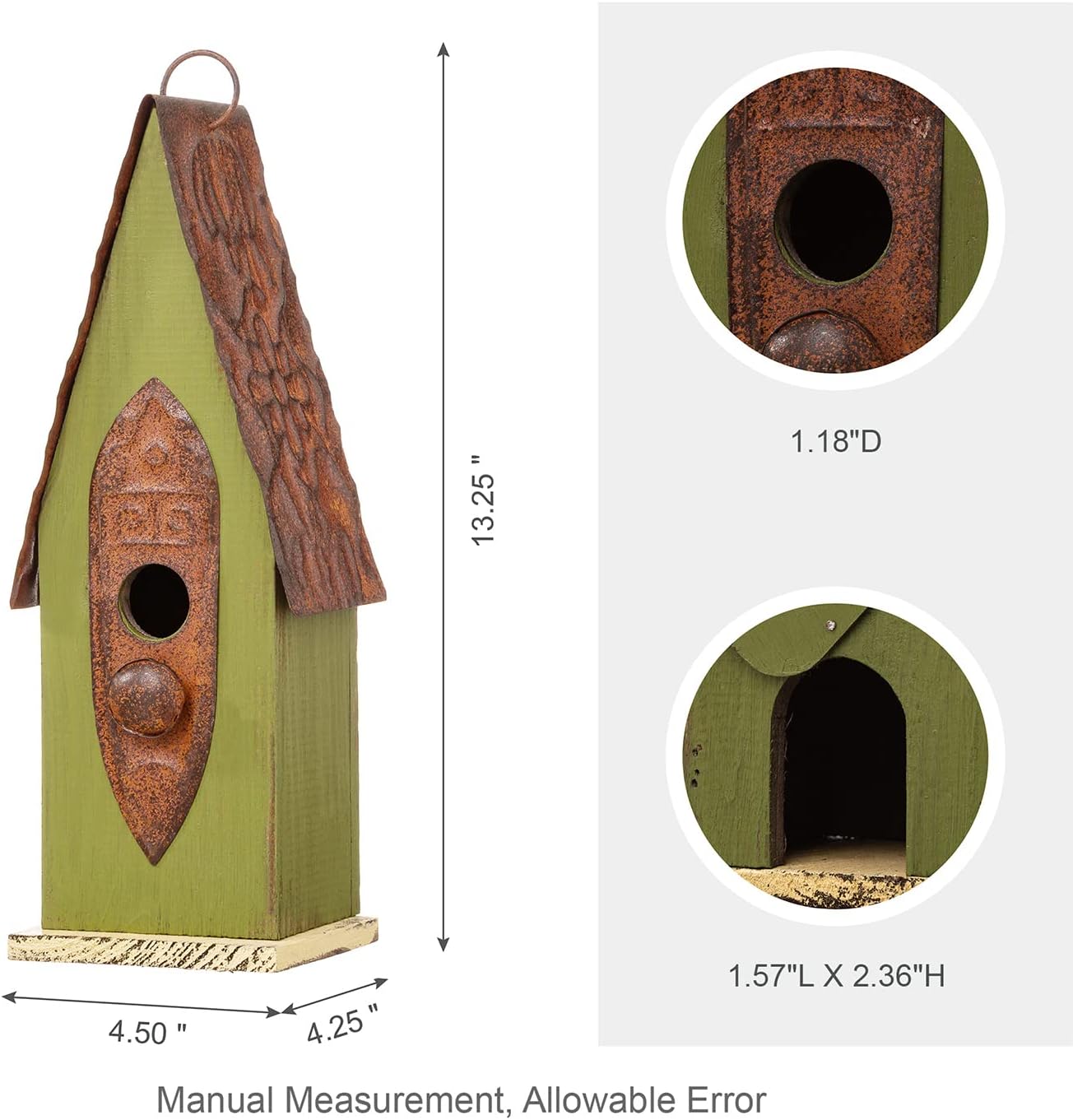 Glitzhome Bird Houses for Outside, 13.25" H Distressed Green Solid Woo