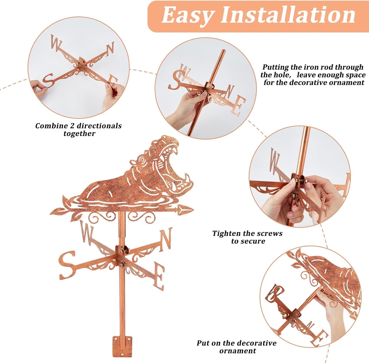 SUPERDANT 1Pc Iron Hippo Weathervane Animal Wind Vane Copper Metal Roof Garden Fence Decorative Wind Direction Indicator Black
