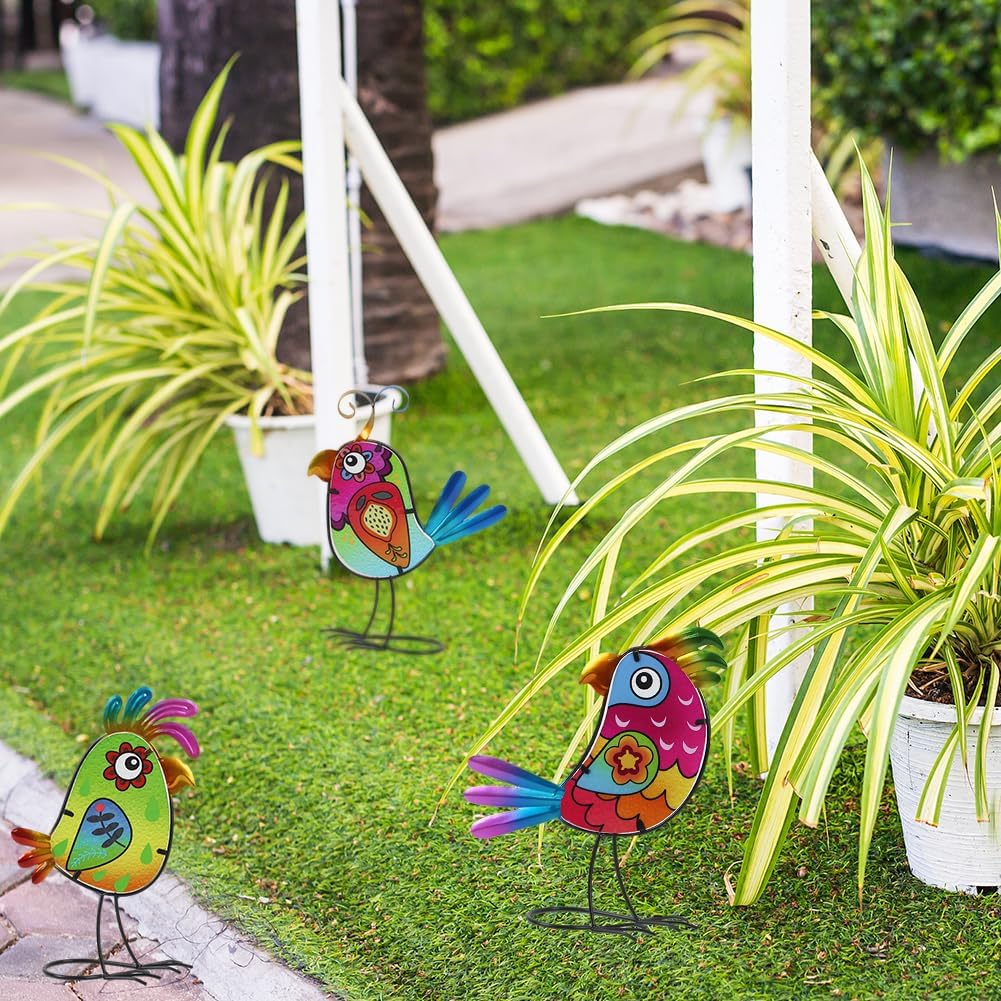 3 Pack Garden Outdoor Metal & Glass Bird Yard Art Decor, Yard Art Deco