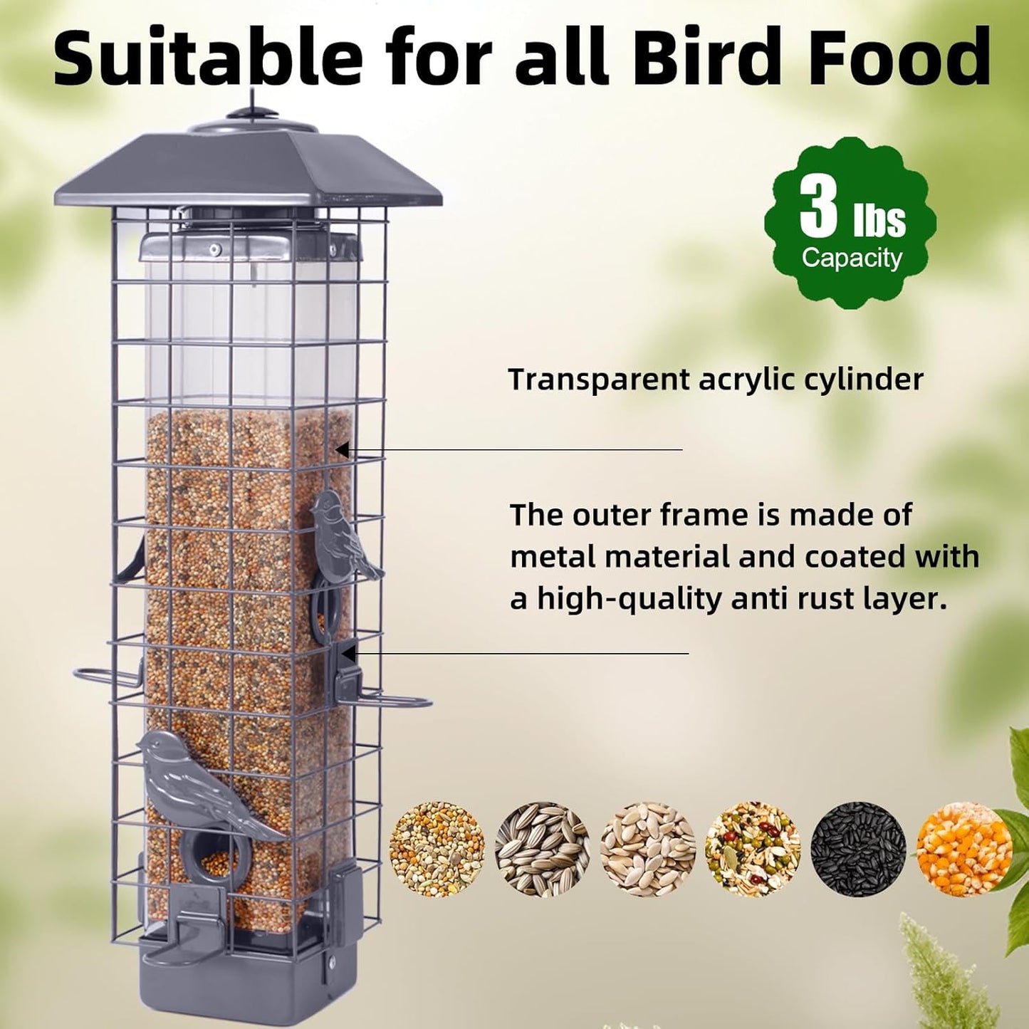 Squirrel Proof Bird Feeder, Metal Mesh Bird Feeder for Outside, Large Capacity and 4 Ports Perches (Silver Gray)