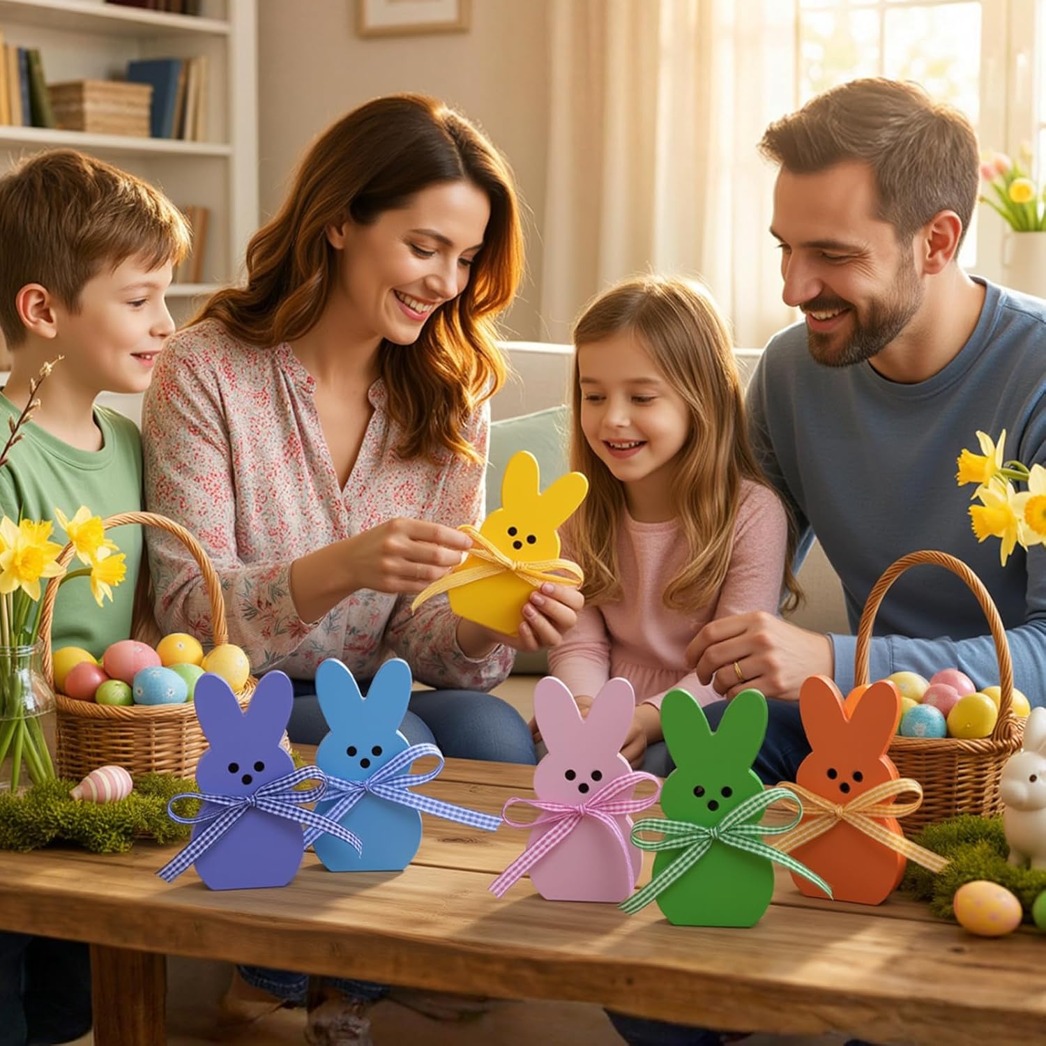 Easter Decorations for Home, 6 Pcs Wooden Bunny Table Decorations Sign