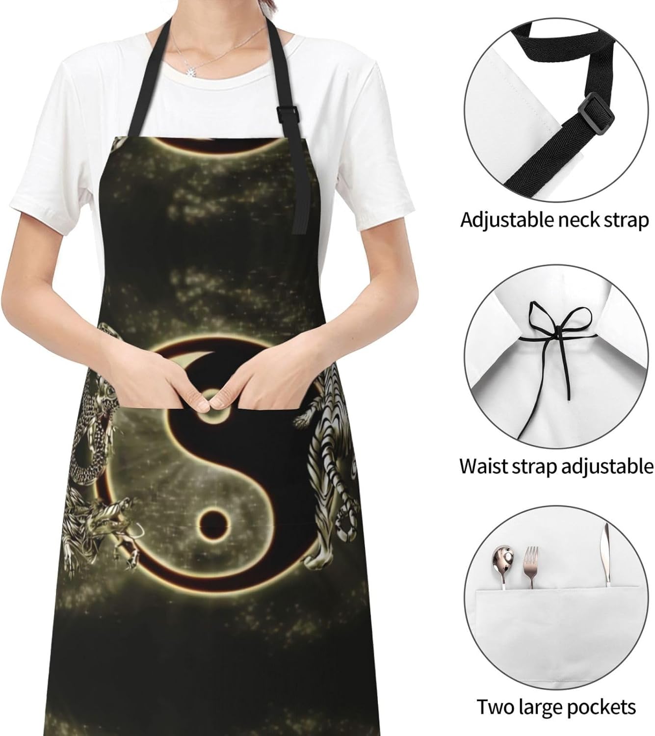 yin yang Dragon Tiger Print 28x33 In Adult Kitchen Apron with Pockets Versatile Chef Smock for Cooking Baking
