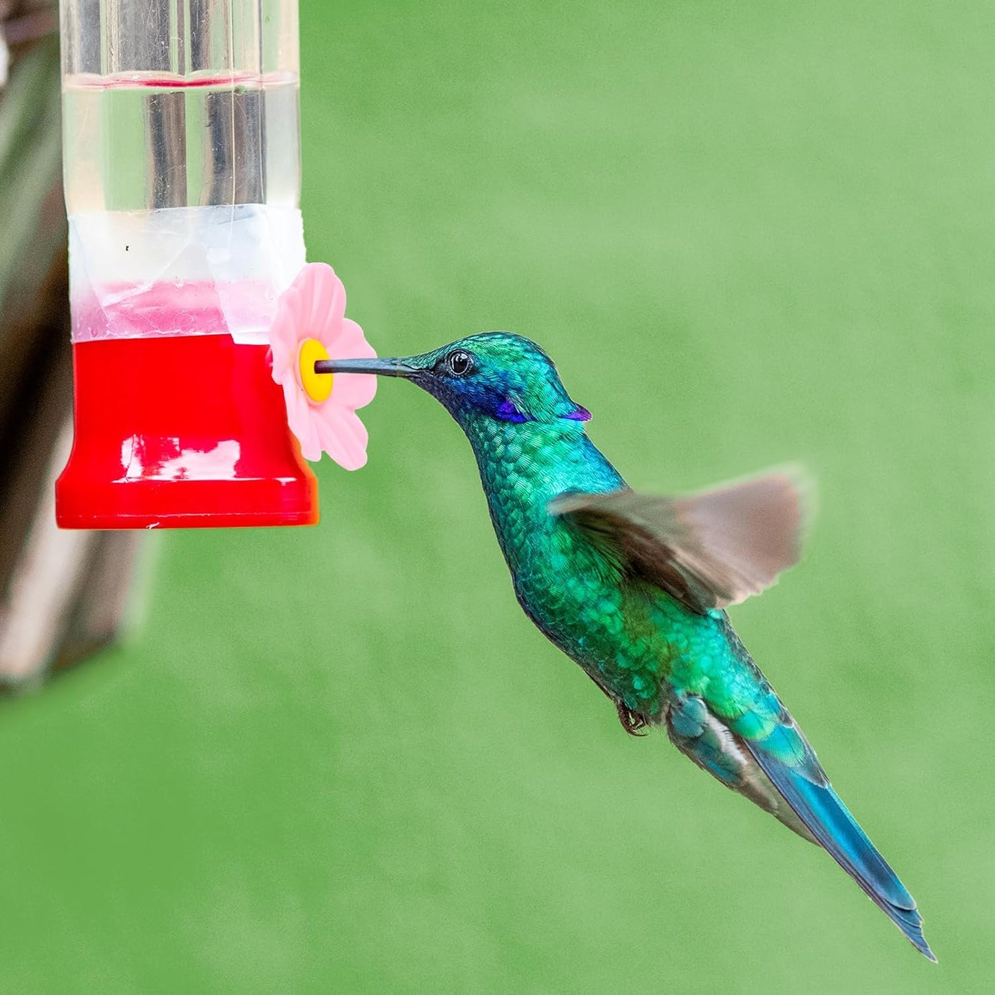 20pcs Hummingbird Feeder Replacement Flowers, Pink Bird Plastic Outdoors Hanging Hummingbird Feeder Parts Accessories with Cleaning Brushes Bee Guards & Feeding Ports (Yellow Core)