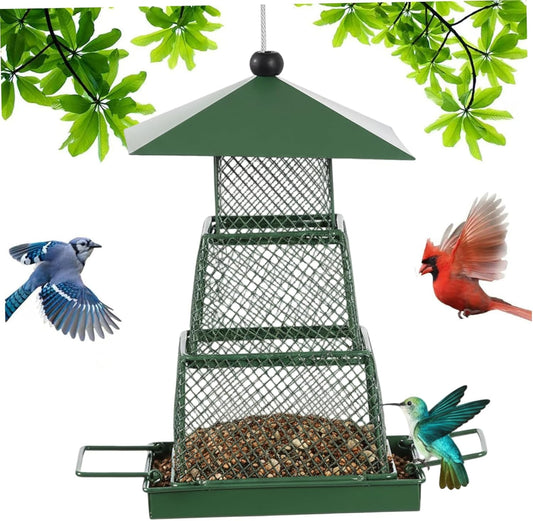Hanging Bird Feeder, Portable and Collapsible Metal Bird Feeder with Tray Large Capacity Weatherproof Rainproof Wild Birdfeeder for Balcony and Backyard, Square