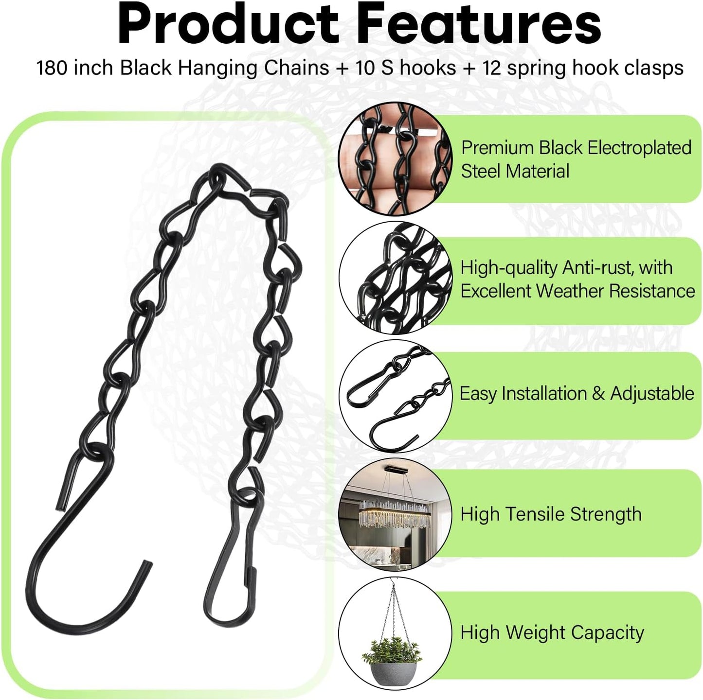 Upgraded 180”Heavy Duty Metal Hanging Chains with Hanging Basket Hooks Set for Planters,Birdcage,Birds Feeder,Grow Lights,Lanterns,Billboards,Wind Chime and Ornaments,Chain Hooks DIY,Black