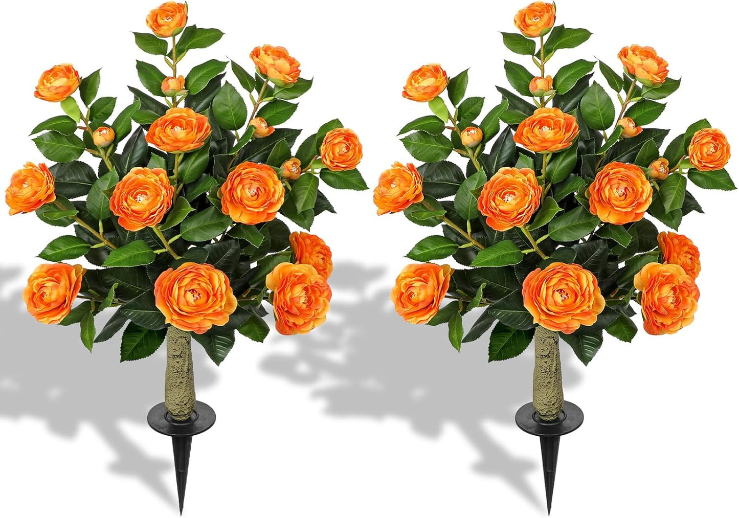 33" Artificial Camellia Tree with Ground Spike, Faux Bushes Plants with Fake Flowers, 2 Pack Realistic Blooming Shrubs for Front Porch Pots, Patio Yard Landscape, Outdoor Garden Walkway Decor, Orange