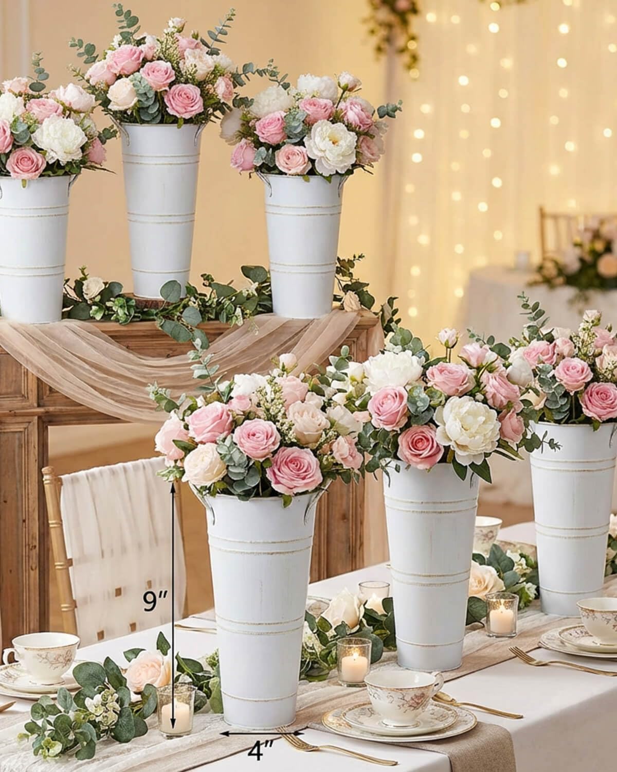 Vensovo Metal Flower Bucket Vase with Handles, 9 Inch White Rustic Farmhouse Centerpiece for Spring Home Decor & Wedding, Set of 2