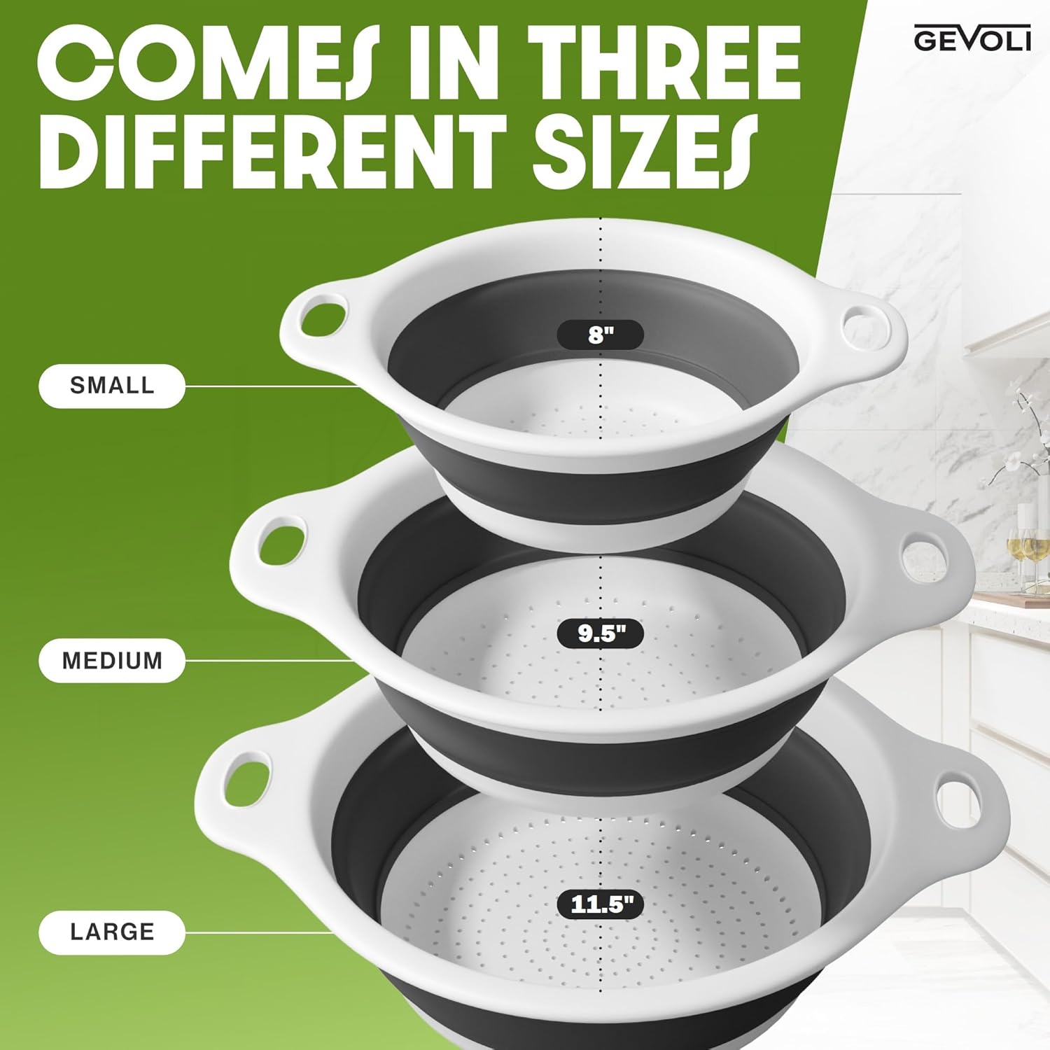Collapsible Colanders (3 Pack Set) Food Strainers with Over-Sink Water
