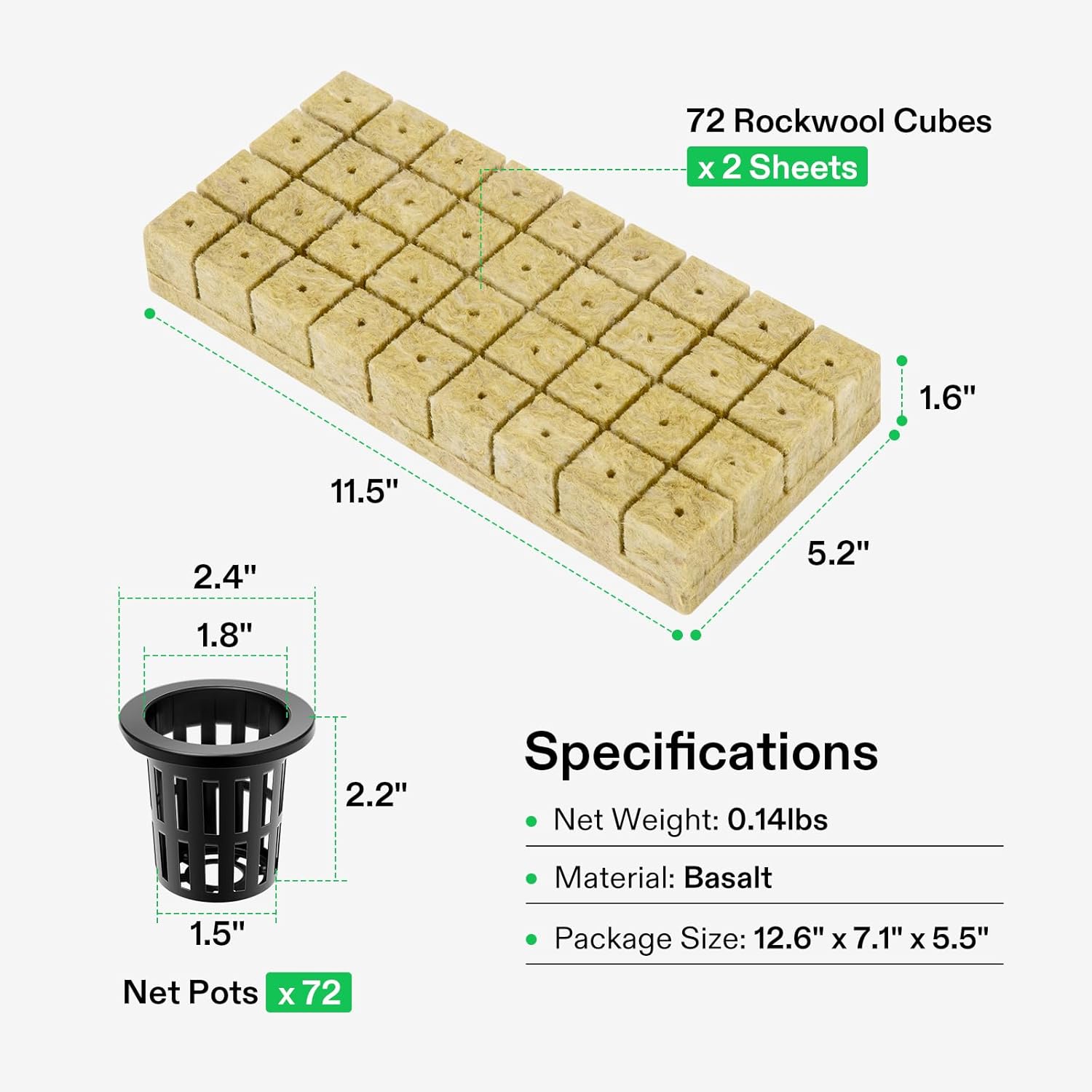 VIVOSUN 72 Rockwool Cubes & Net Pots Set for Hydroponics, 1.2” x 1.2” 