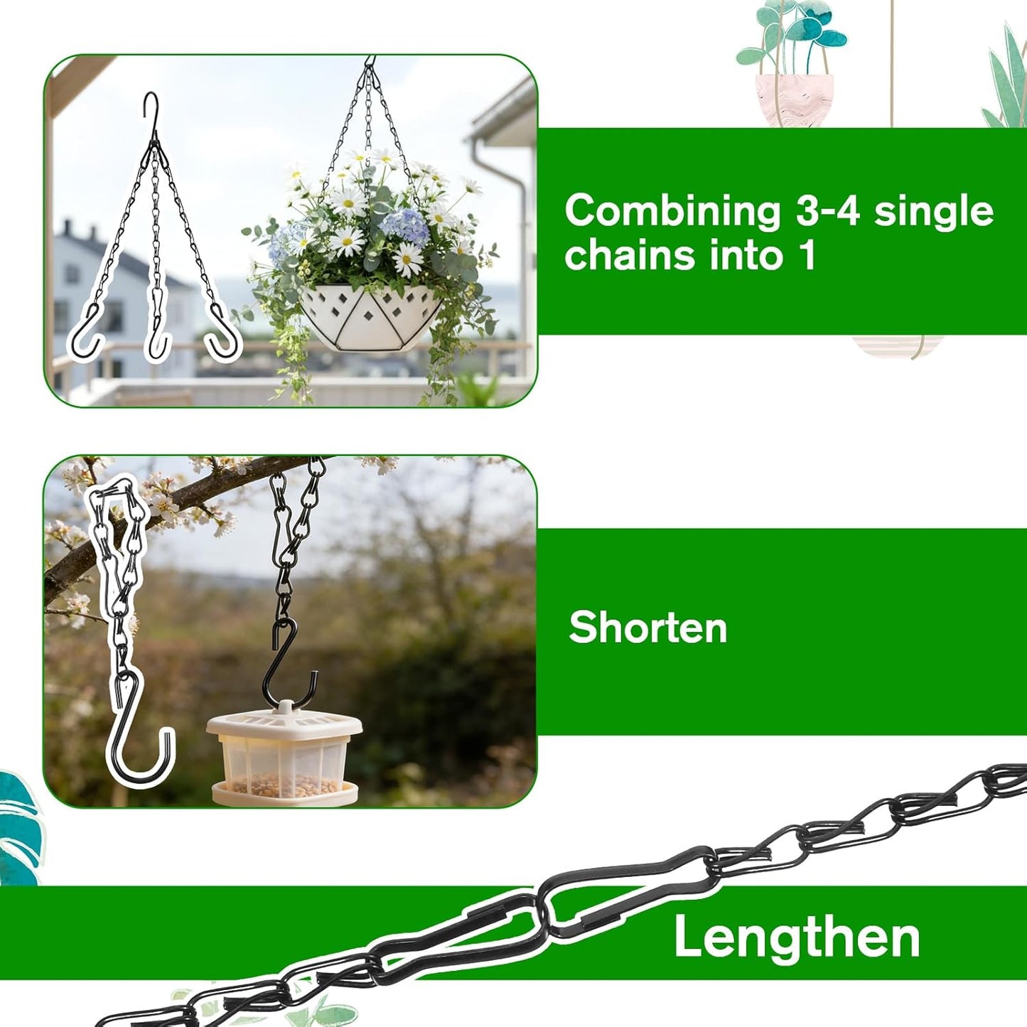 4 Pcs Hanging Chains with Hooks, 10 Inch Small Chain for Hanging Plants, Black Adjustable Plant Chains with Hooks for Baskets, Bird Feeder, Birdbaths, Planters