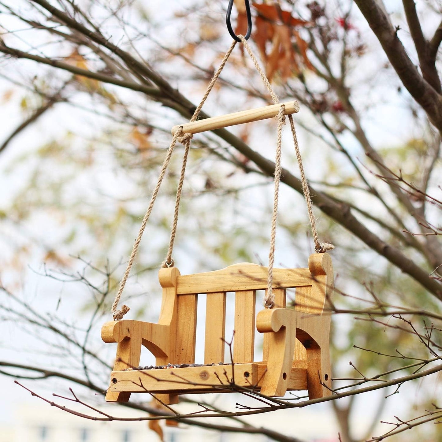 2pk Cedar Swing Birdfeeder,Traditional Regency Seat Style, Solid Wood Hand Curve Cutting, Rustic Proof Metal Mesh Tray, Bird Feeder for Outside, BJD Dolls Swing
