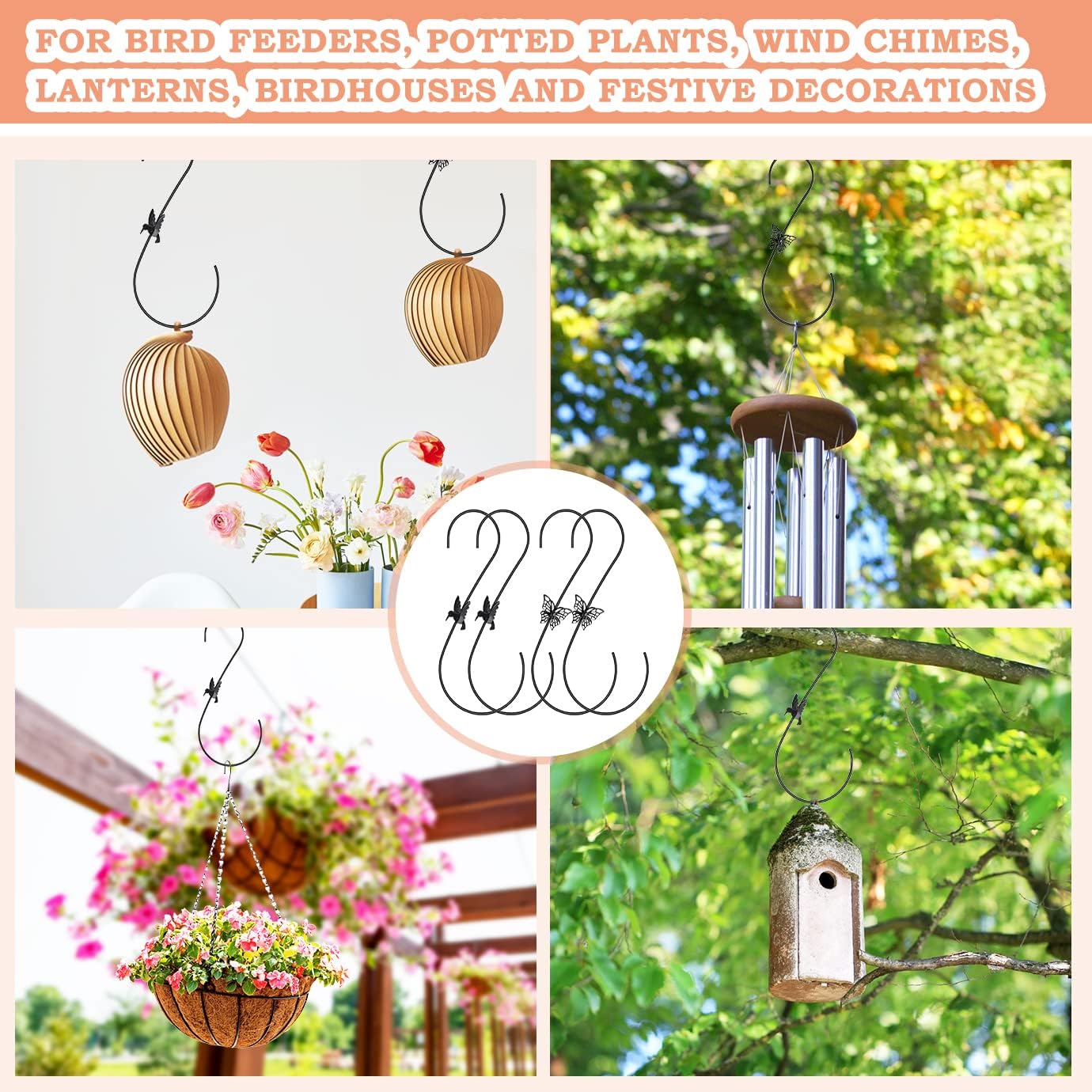 4PCS Metal Hummingbird Feeder Hook,Stainless Steel Bird Feeder Hook Hanger 12-Inch,Tree Branch Hook,Metal Hanging S Hooks,Plant Hangers Outdoor for Hang Bird Feeder,Wind Chimes,Lanterns,Hanging Plants