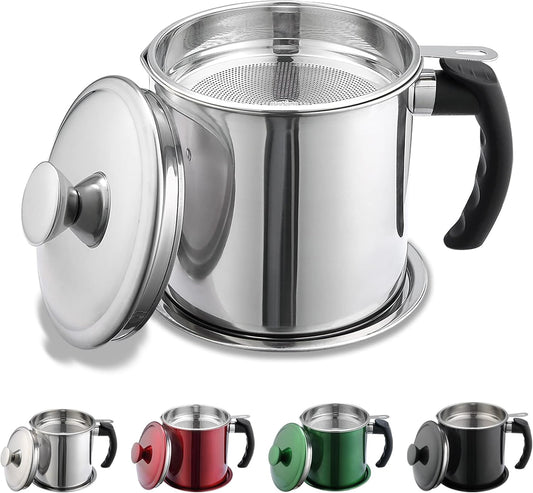 Kyraton Bacon Grease Container With Strainer, 48 oz Stainless Steel Oil Container, Pot Fat Storage With Lid, Easy Grip Handle Suitable For Storing Frying Oil And Cooking Grease 1. Silver