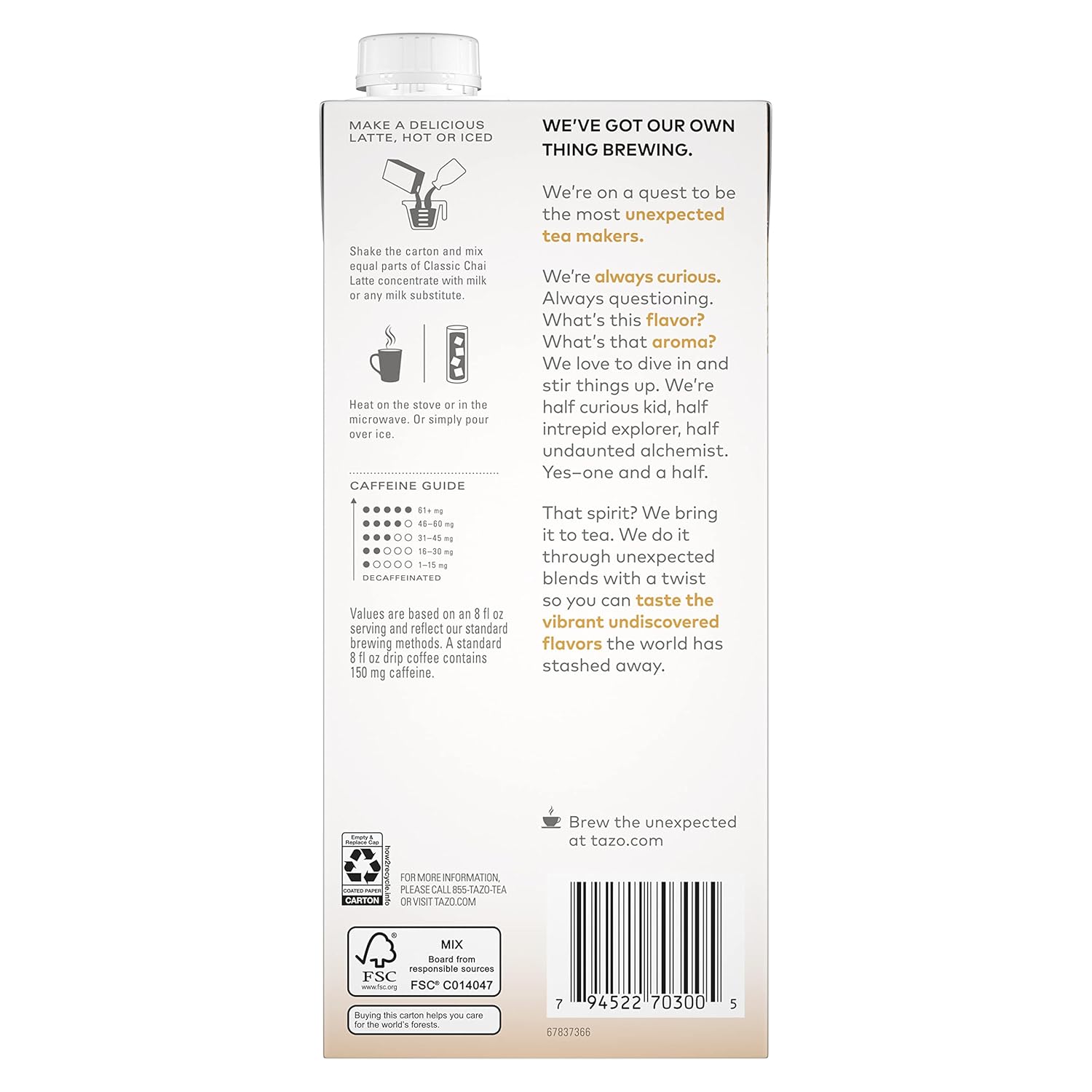 TAZO Classic Chai Latte, Black Tea Concentrate, Easy-to-Serve Caffeina