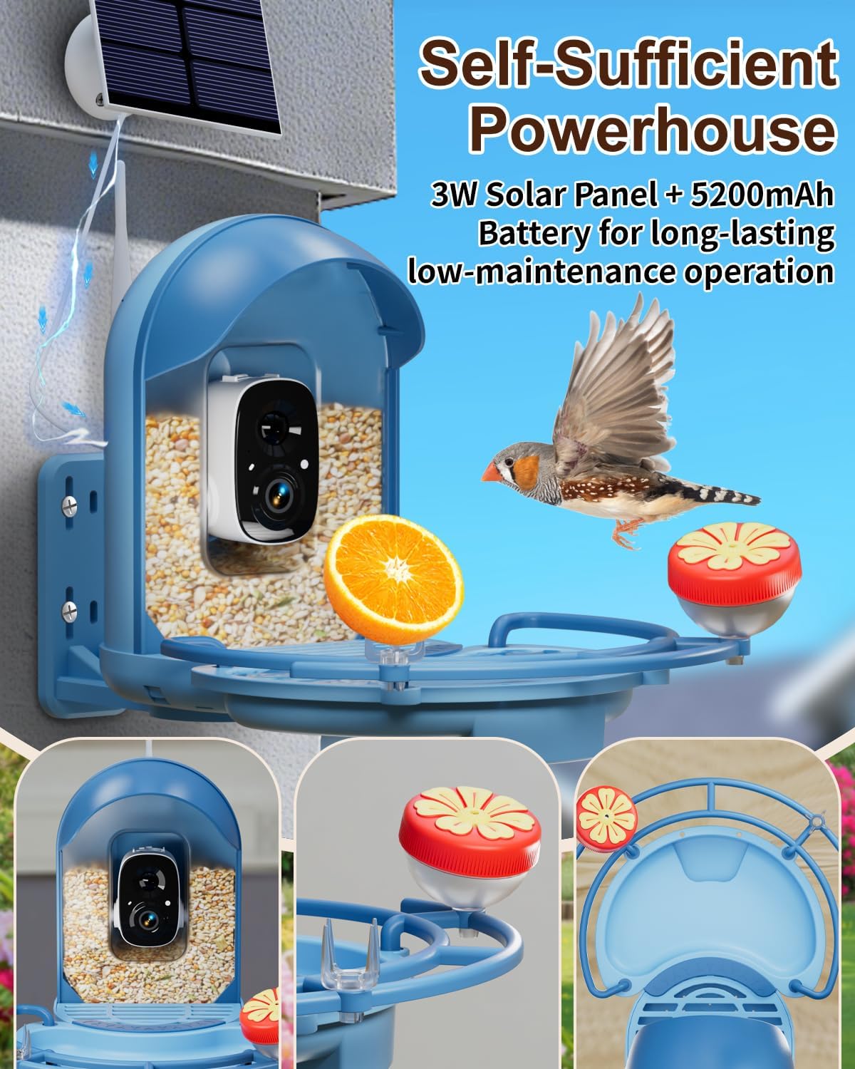 Bird Feeder with Camera, 2K HD Camera Birds Feeder with Bath Wireless Outdoor, Solar Powered Bird Watching with APP Control, Night Vision, Motion Detection Alerts, IP66 Birdfeeder for Backyard, Blue