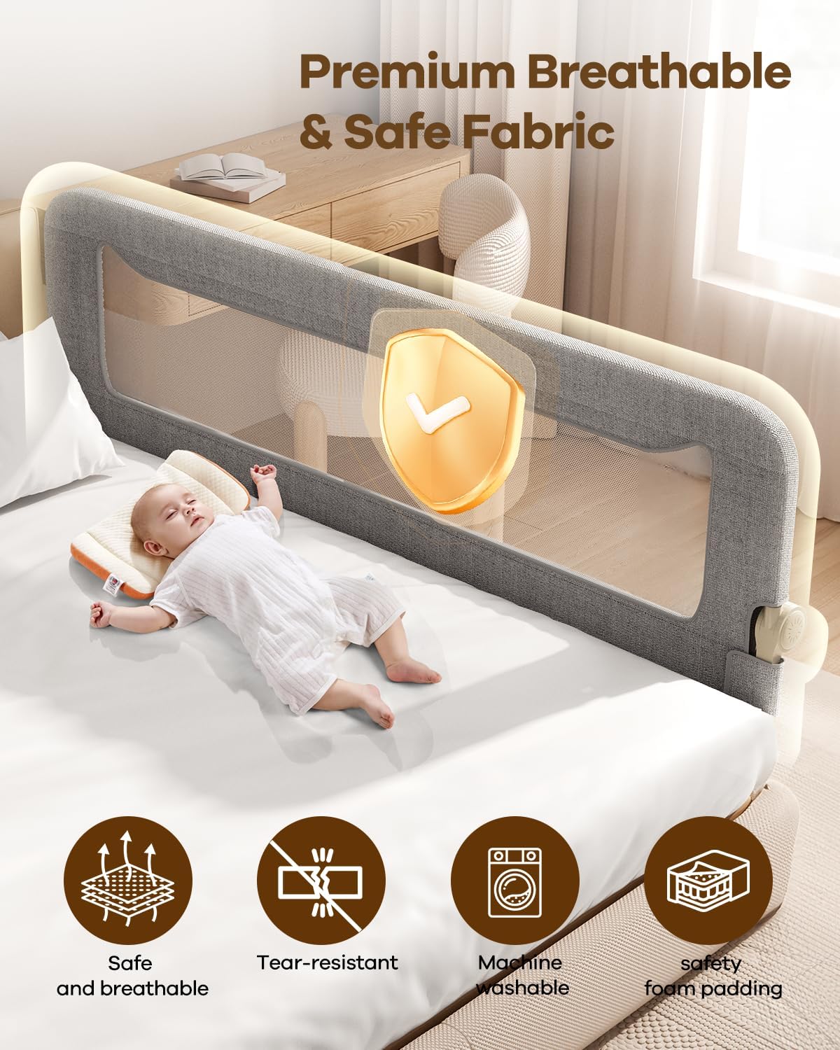 Foldable Bed Rail for Toddlers, 71in Reinforced Carbon Steel Frame&Con
