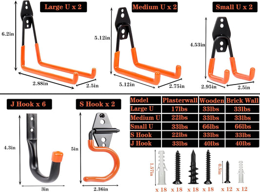 TocTen Garage Hooks, 14 Pack Garage Storage Hook Heavy Duty Solid Steel Wall Hooks, Wall Mount Storage Hook Kit with Anti-Slip Coating Ladder Hooks for Hanging Garden Tools Chair Hose Ropes (Orange)