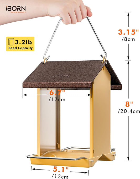 iBorn Bird Feeders for Outdoors,Bird Feeder with Weatherproof Metal Roof & 8 Drain Holes,Fully Detachable Birdfeeder Design,Easy to Refill & Clean,Chew-Proof PC Windows,3.2 Lbs Capacity,Coffee Roof
