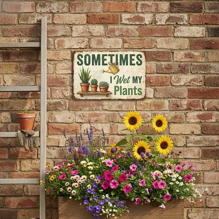 Funny Plant Tin Sign - "Sometimes My Plants", ucculent & Cactus Metal Art, Metal Sign - 8x12 Aluminum Wall Decor for Shed, Bathroom, Garden, Sunroom, Housewarming Gift