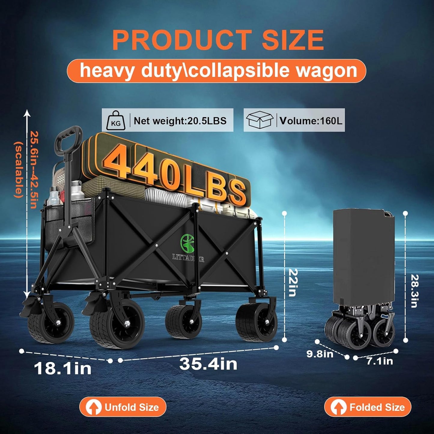 Wagons Carts Foldable with Double Layered Bottom Fork Structure, Foldable Heavy Duty Beach Wagon with 440LB,Collapsible Wagon with All-Terrain Wheels for Camping, Garden,Shopping,Sports