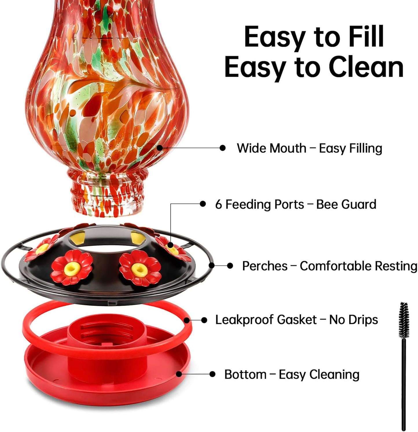 Solar Hummingbird Feeder for Outdoor - 25 fl.oz Hand Blown Glass Hummi