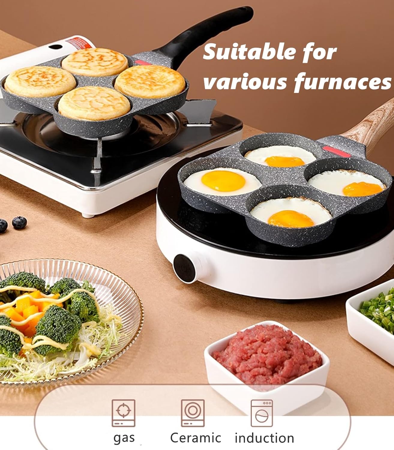 4-Cup Egg Pan Nonstick, and Granite Egg Frying Pan, Versatile Breakfast Skillet for Eggs, Pancakes, Plett, Crepes, Compatible with Gas Stove and Induction Cooktop