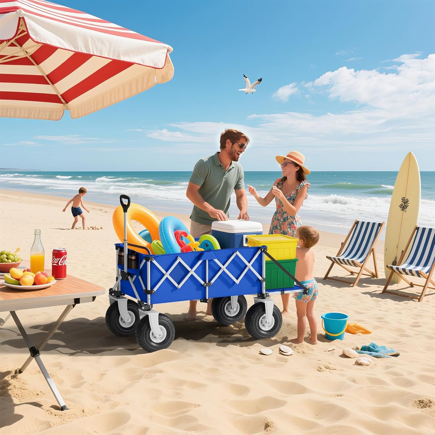 Blue Beach Wagon with Big Wheels for Sand - Heavy Duty 10" Wheel Collapsible Wagons Foldable Large Wagon Cart Folding All Terrain for Camping