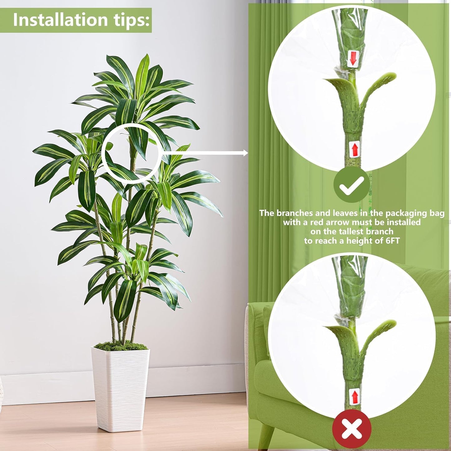 Artificial Dracaena Tree, 6FT Artificial Plants Indoor with White Tall Planter, Faux Yucca Silk Tree Fake Tropical Floor Plant in Pot, Fake Plants for Home House Room Office Entryway Porch Decor