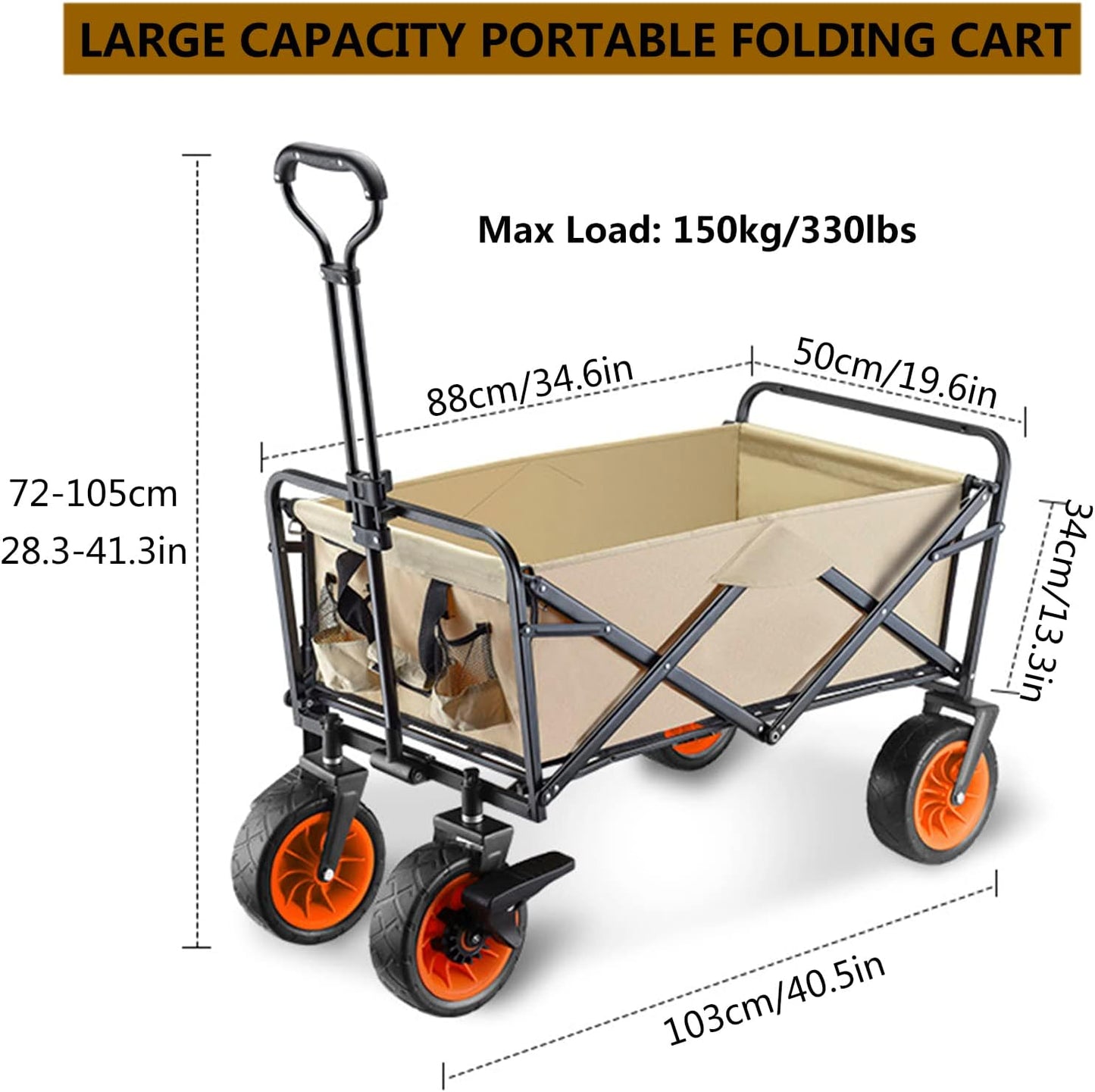 Heavy Duty Collapsible Folding Wagon - Portable All-Terrain Beach Cart with Wide Wheels, Utility Garden Cart for Camping, Fishing, Grocery Shopping, Sports - Brown