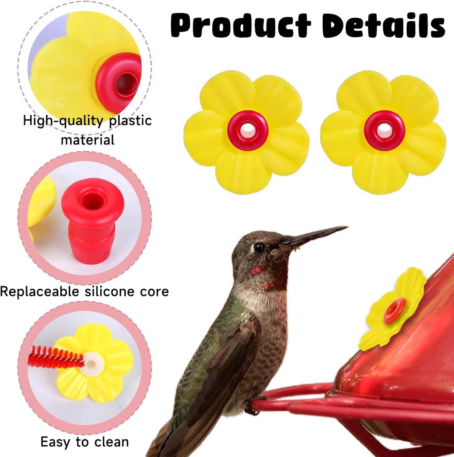 16Pcs Hummingbird Feeders Replacement Flowers with 2 Cleaning Brushes, Pet Hummingbird Feeder Parts Feeding Ports Bird Feeder Replacement Parts Accessories for Outdoor Hanging Feeders(Yellow)
