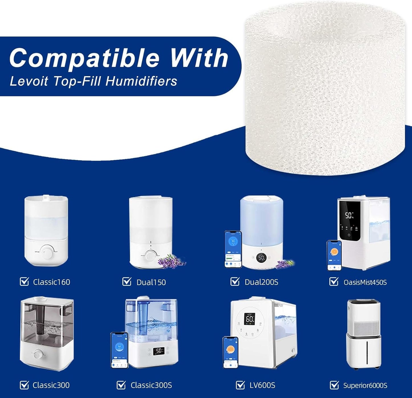 Top-Fill Humidifier Replacement Filter Compatible with Levoit Dual150 Dual200S Classic160 Classic300(S) LV600S LV600HH OasisMist450S OasisMist600S Superior 6000S - 10 Filters and 2 Clean Fish