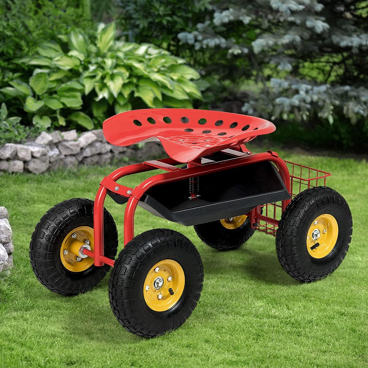 Squareful 4 Wheels Garden Cart, Patio Rolling Workseat w/Tool Tray, & Storage Basket, Outdoor Wagon Scooter for Planting, Rubber Tires & Adjustable Height for Lawn, Garden, Patio, Backyard (Red)