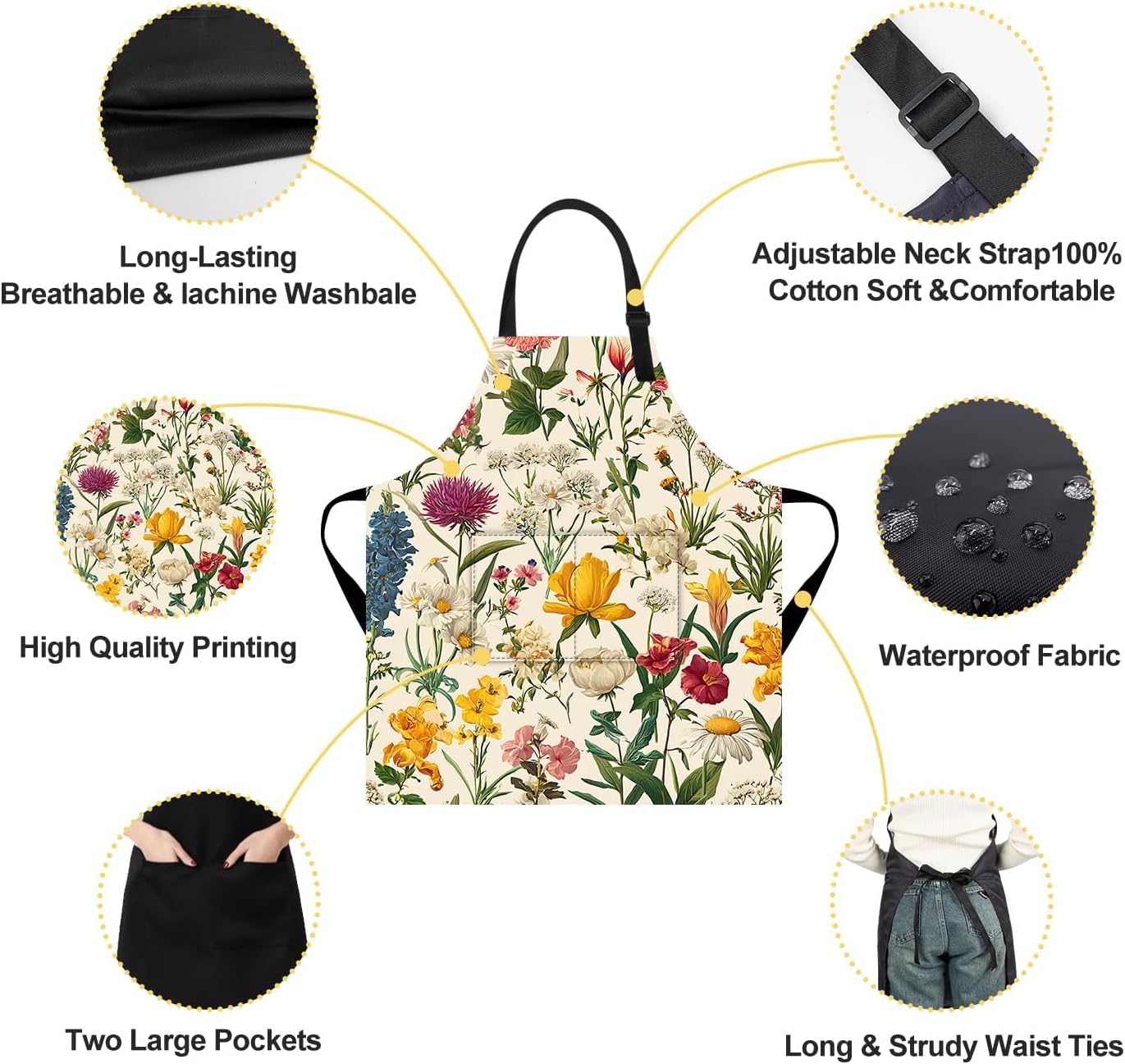 Apron Home Kitchen Cooking Baking Gardening for Women Men with Pockets