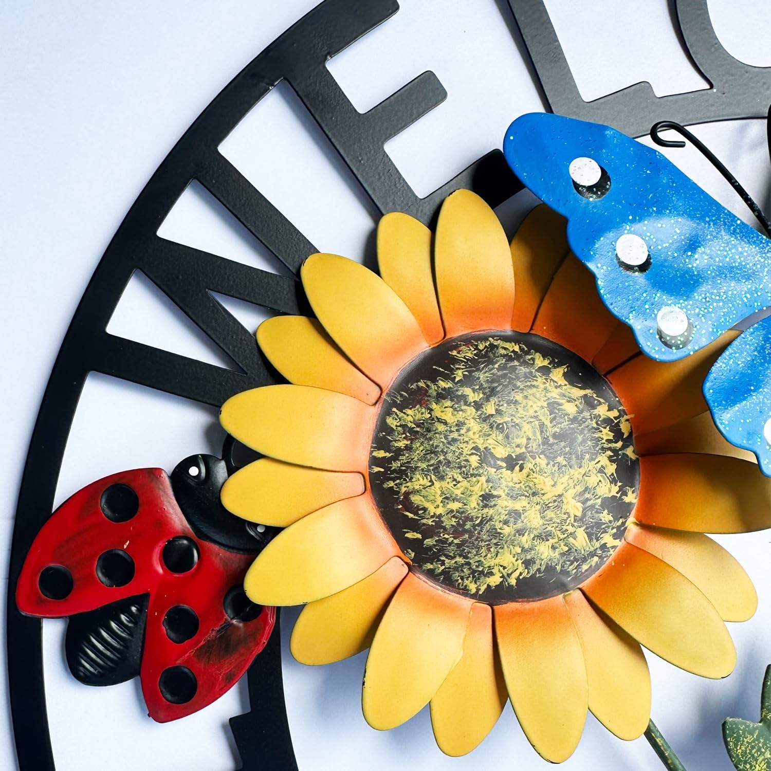 Hanging Sunflower and Butterfly Welcome Wreath, Outdoor Garden Ladybug
