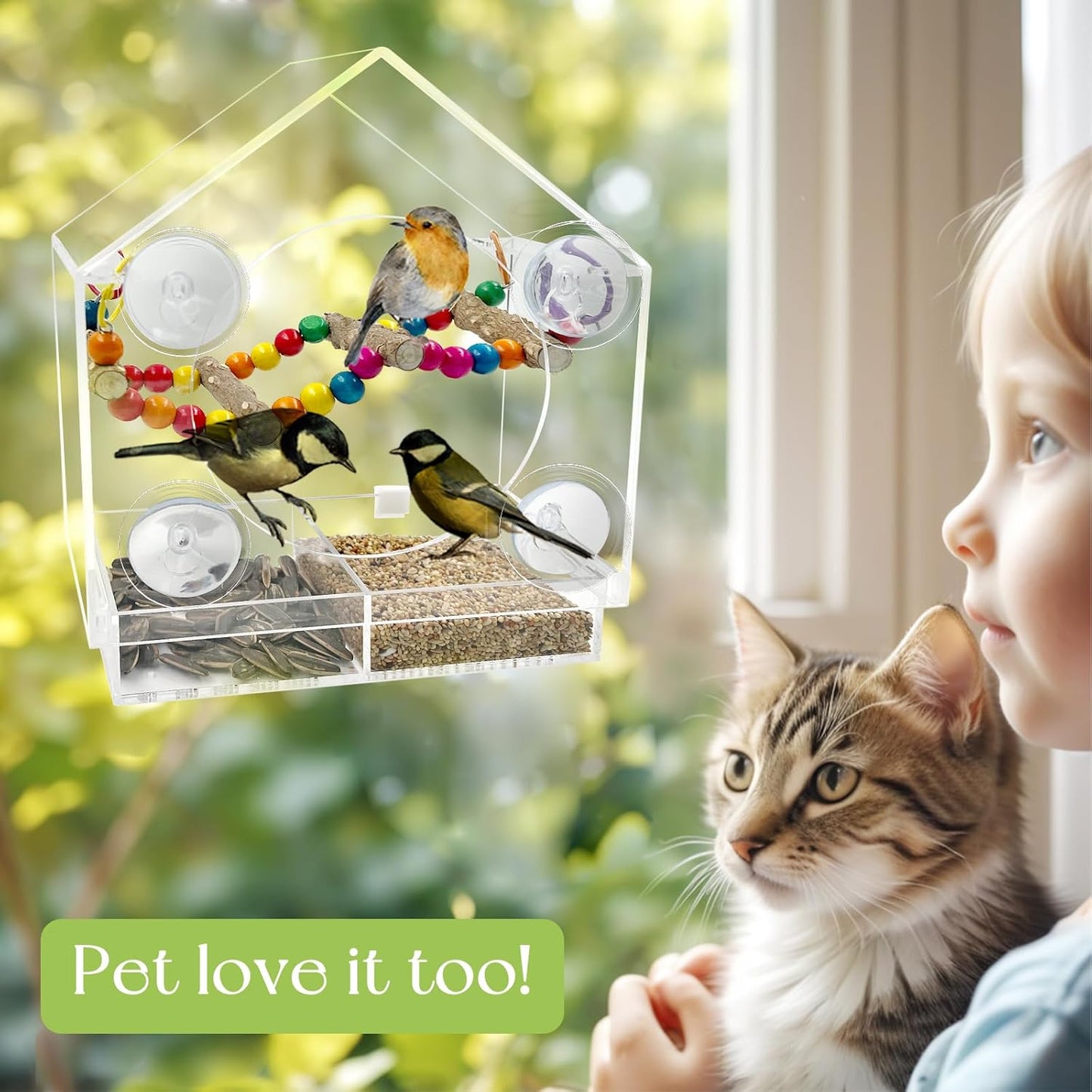 SNAIL GARDEN 9" Large Windows Bird Feeder with Peppered Wood Swing,2PCS Standing Stakes,4PCS Suction Cups,Acrylic Bird Feeder on Window with Removable Seed Tray(9×8.6×3.9in)