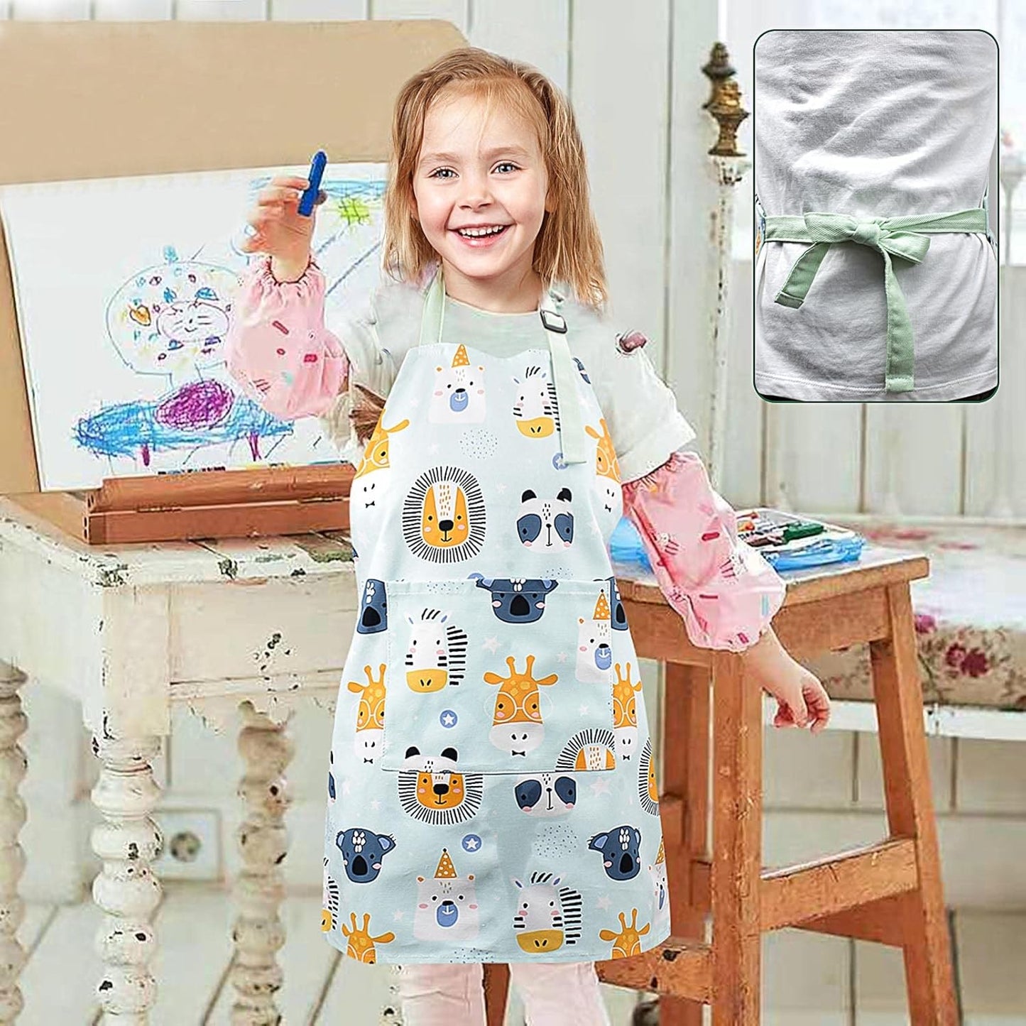 Kids Apron Adjustable Strap for Boys and Girls 100% Cotton, Toddler Ch