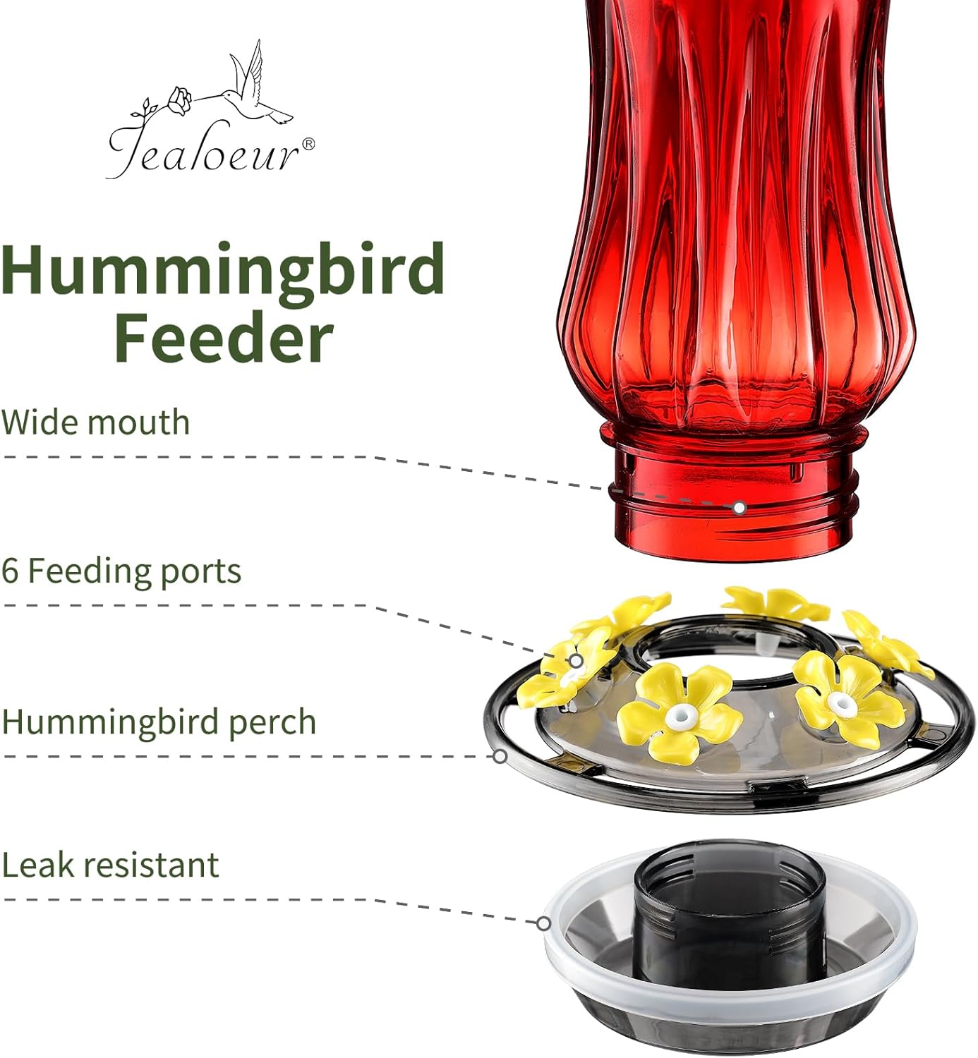 Hummingbird Feeders for Outdoors, Durable Hanging Humming Birds Feeders with 6 Bee Guard Feeding Ports & Built-in Ant Moat, Easy to Clean, Ideal for Garden Decor, 18 OZ, (1, Red)