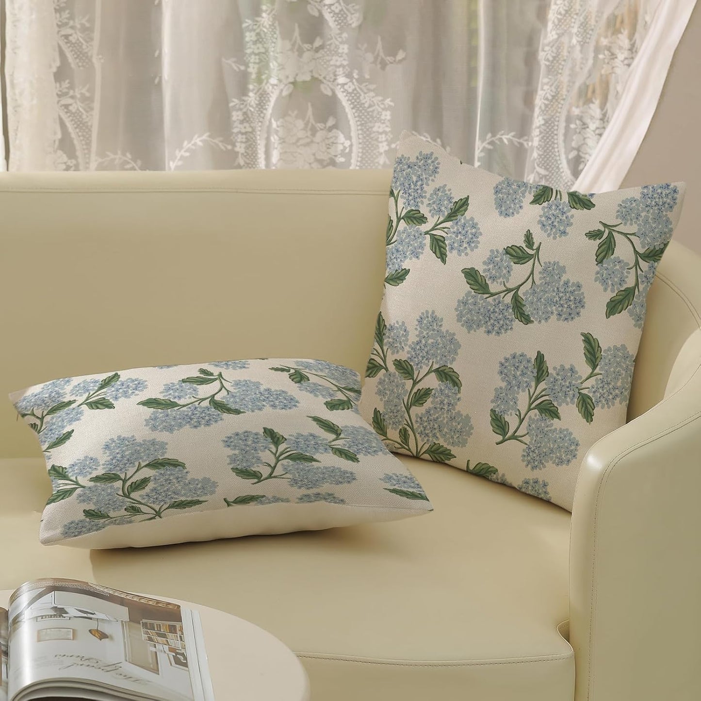 Spring Pillow Covers 18x18 Inch 2 Pcs Blue Green Hydrangea Flower Deco