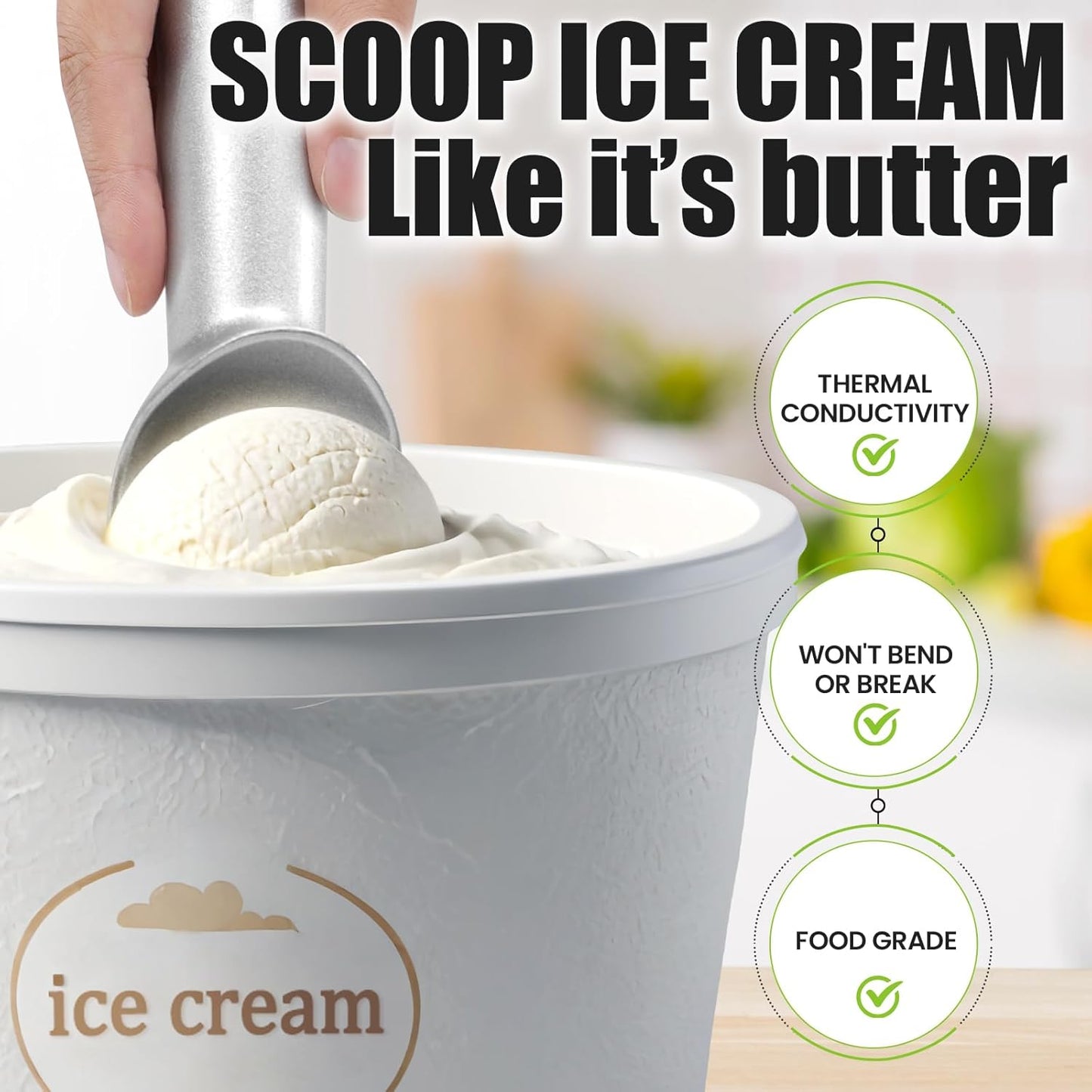 7 inch Ice Cream Scoop - One-Piece Nonstick Aluminum Ice Cream Scooper - Professional Metal Ice Cream Spoon - Durable, Easy to Use & Clean - Lightweight Cookie Spoon - Scoop Ice Cream (Sliver)