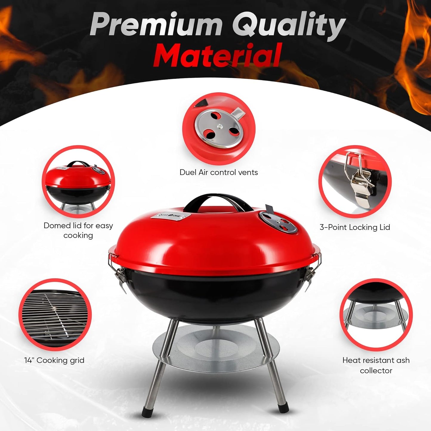 Gas One – 14-inch Portable Barbecue Grill with 3-Point Locking Lid for