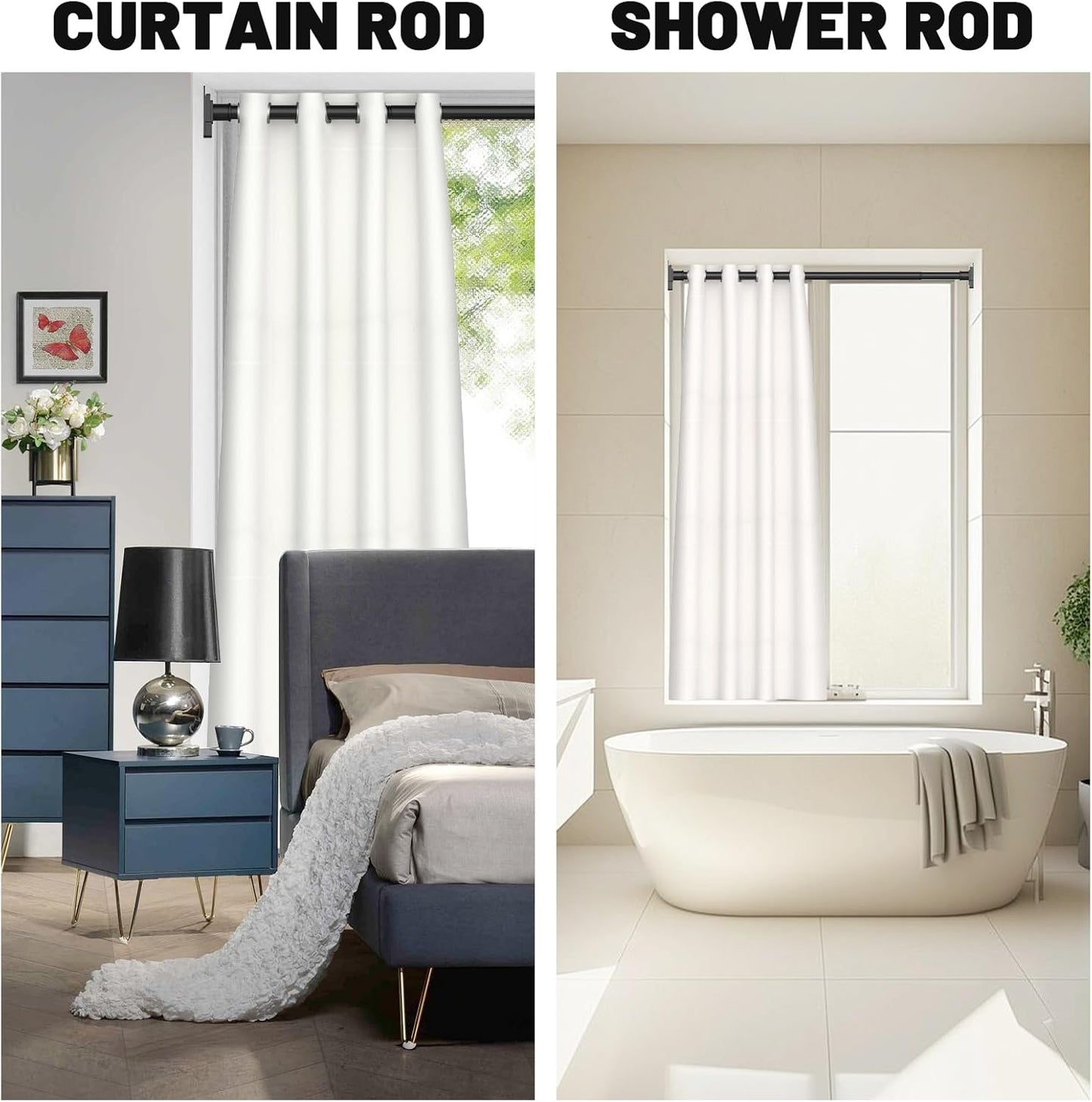 Matte Black Shower Curtain Rod 31-79 inches with Holders, Stainless Steel Shower Rod & Tension Rod, Adjustable Tension Shower Curtain Rod for Bathroom, Windows, Closet