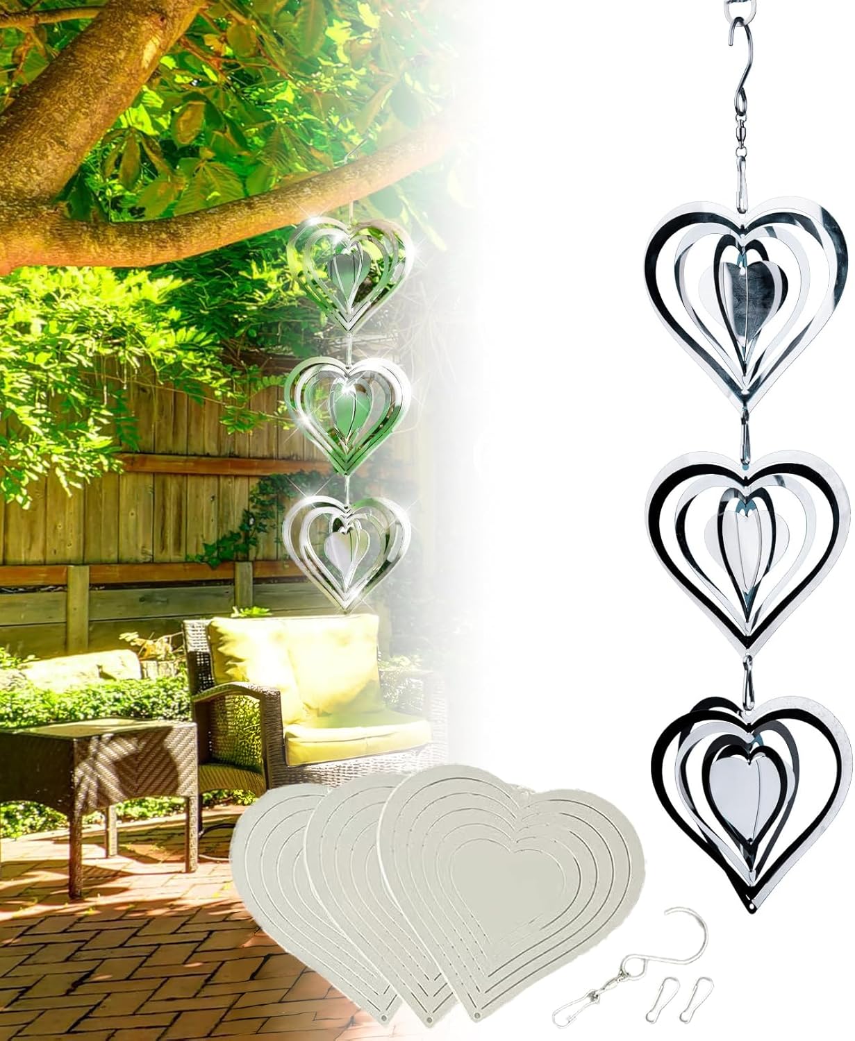 Stainless Steel Wind Spinner,3D Silver Indoor Outdoor Garden Decoration Crafts Ornaments,Metal Wind Chimes for Outside Decor,Decorations to Scare Away Yard Birds (Heart-Wind Sculpture)