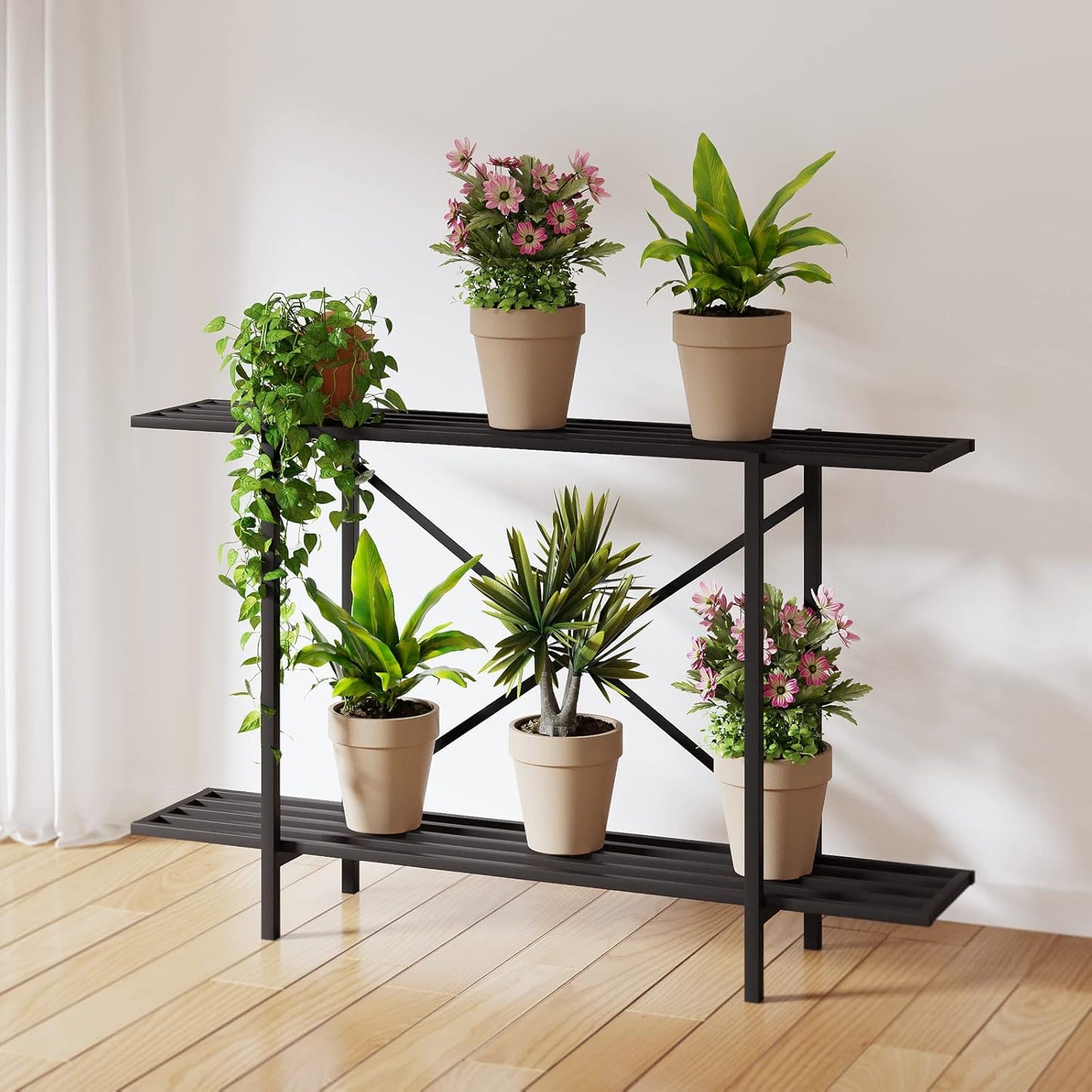 Zhongma 2 Tier Window Height Metal Sturdy Heavy Plant Stand, Narrow Pl