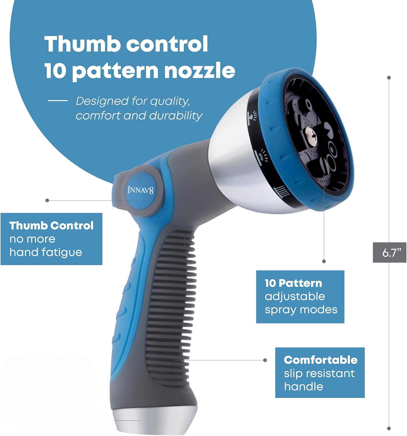 INNAV8 Garden Hose Nozzle Heavy Duty - Features 10 Spray Patterns, THU