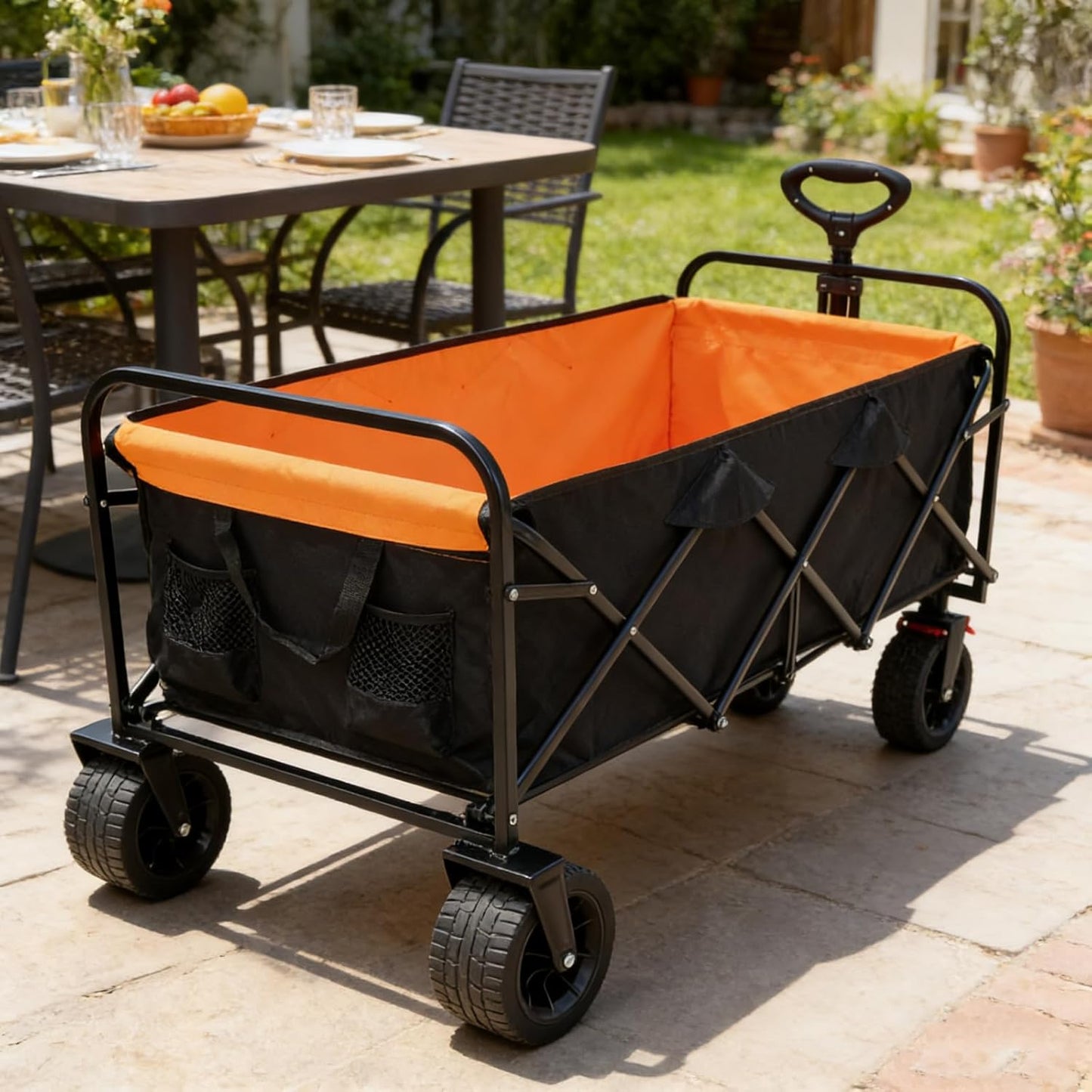 Big Large Capacity Folding cart Extra Long Extender Wagon Cart Folding Wagon Garden Shopping Beach Cart (Black + Orange)