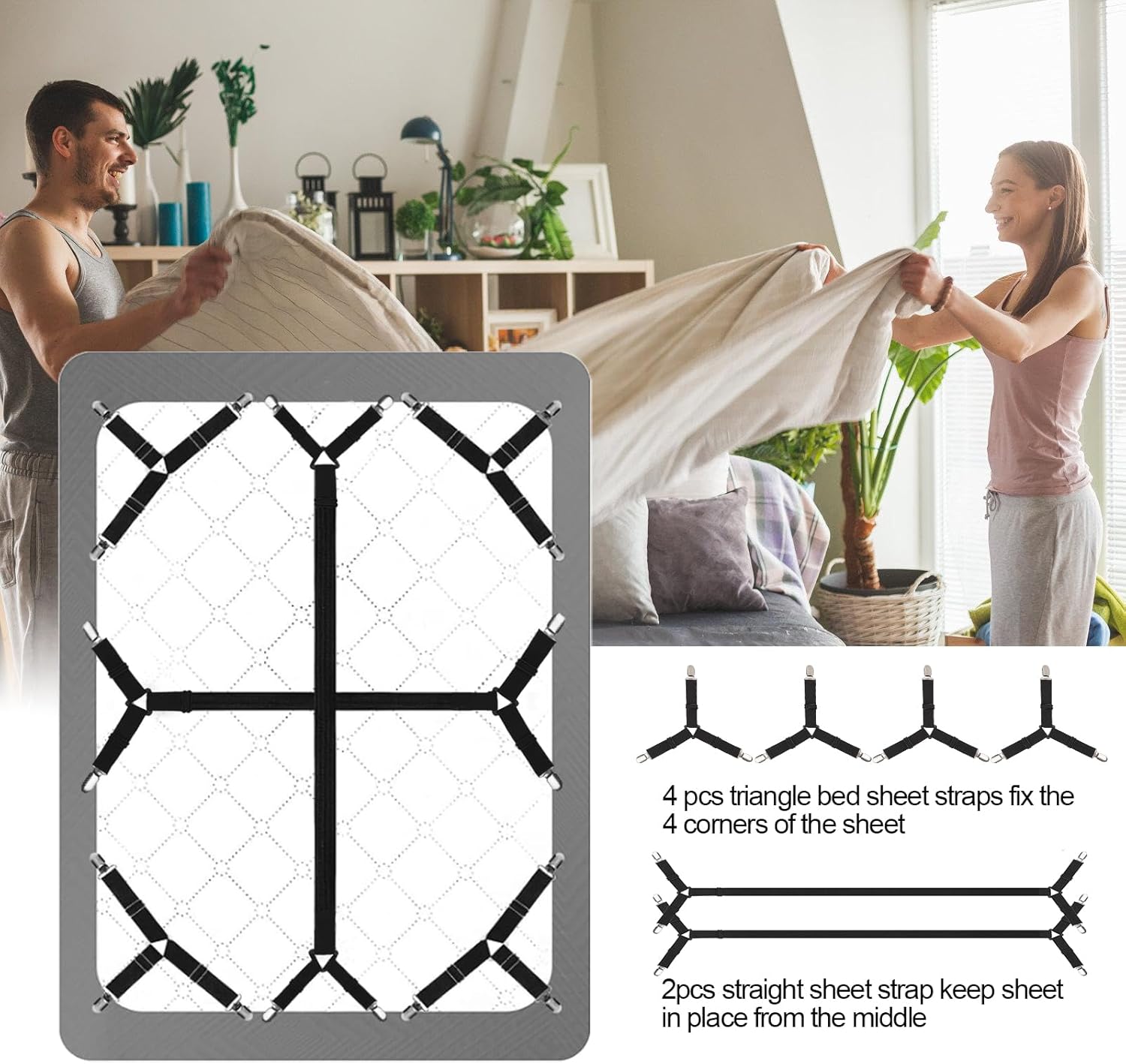 Bed Sheet Straps,6 PCS Secure and Fitted Sheet Straps for Full Size Be